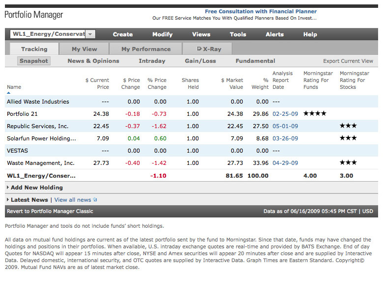 Portfolio Watch List Sample